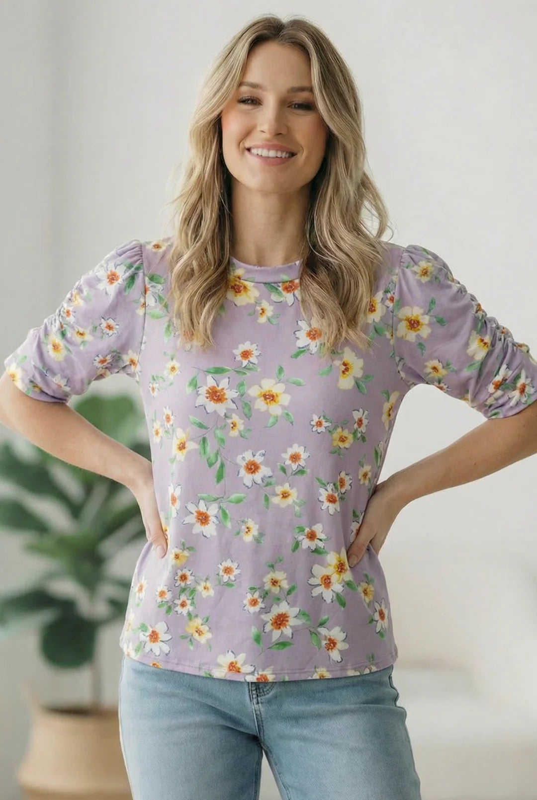 Sync Sleeve Floral Top in Lilac