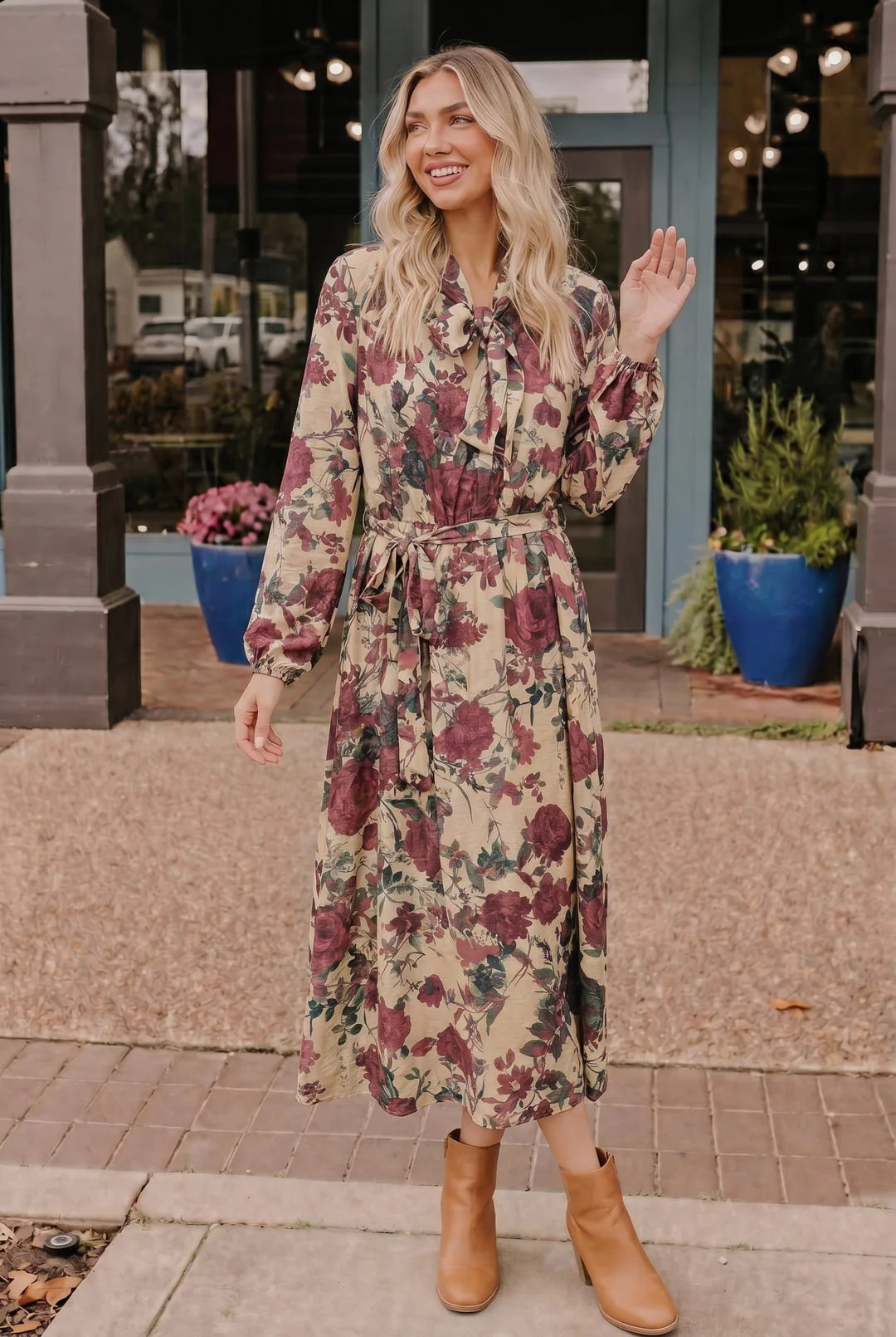 Tie Neck Floral Midi Dress