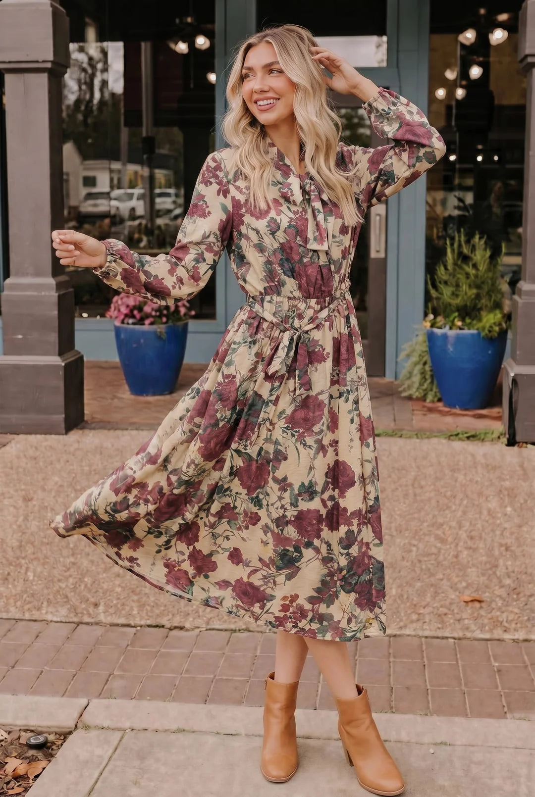 Tie Neck Floral Midi Dress