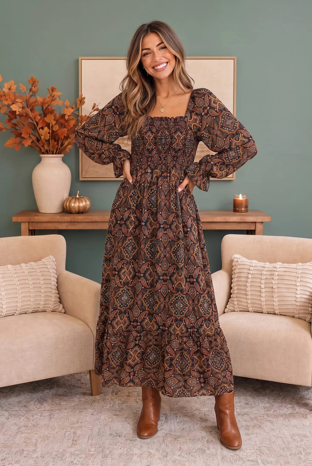 Smocked Paisley Printed Maxi Dress With Pockets
