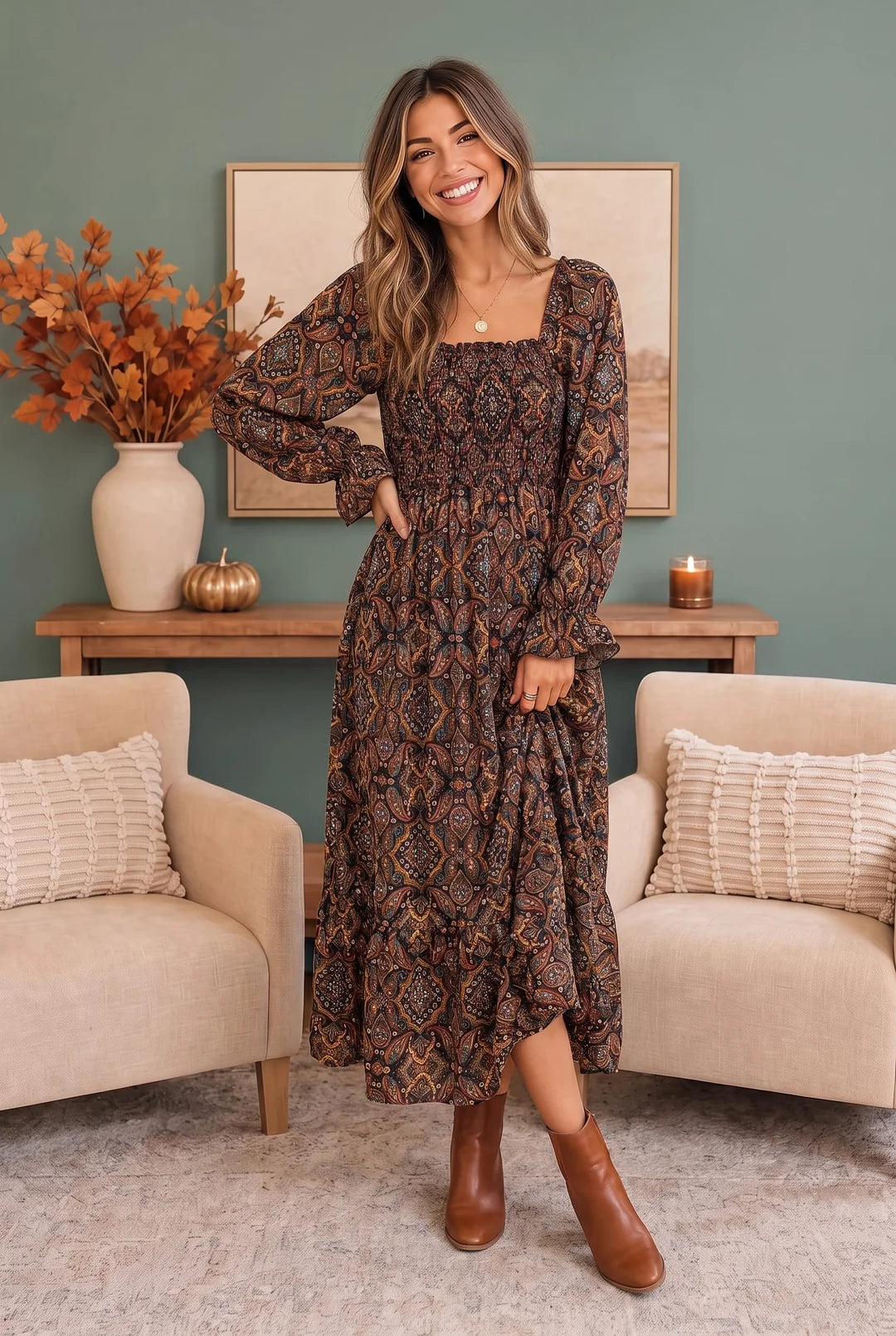 Smocked Paisley Printed Maxi Dress With Pockets