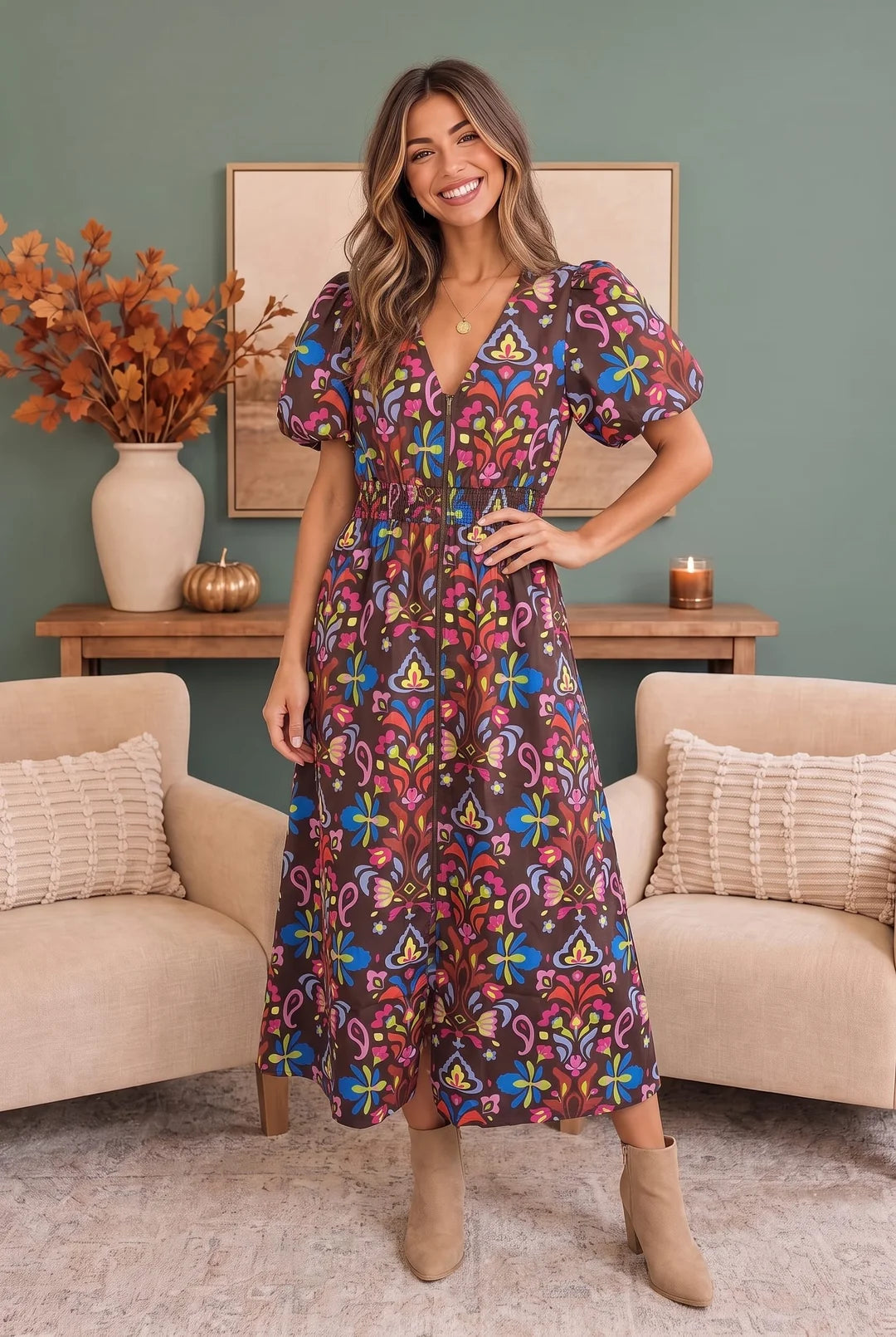Boho Printed Midi Dress