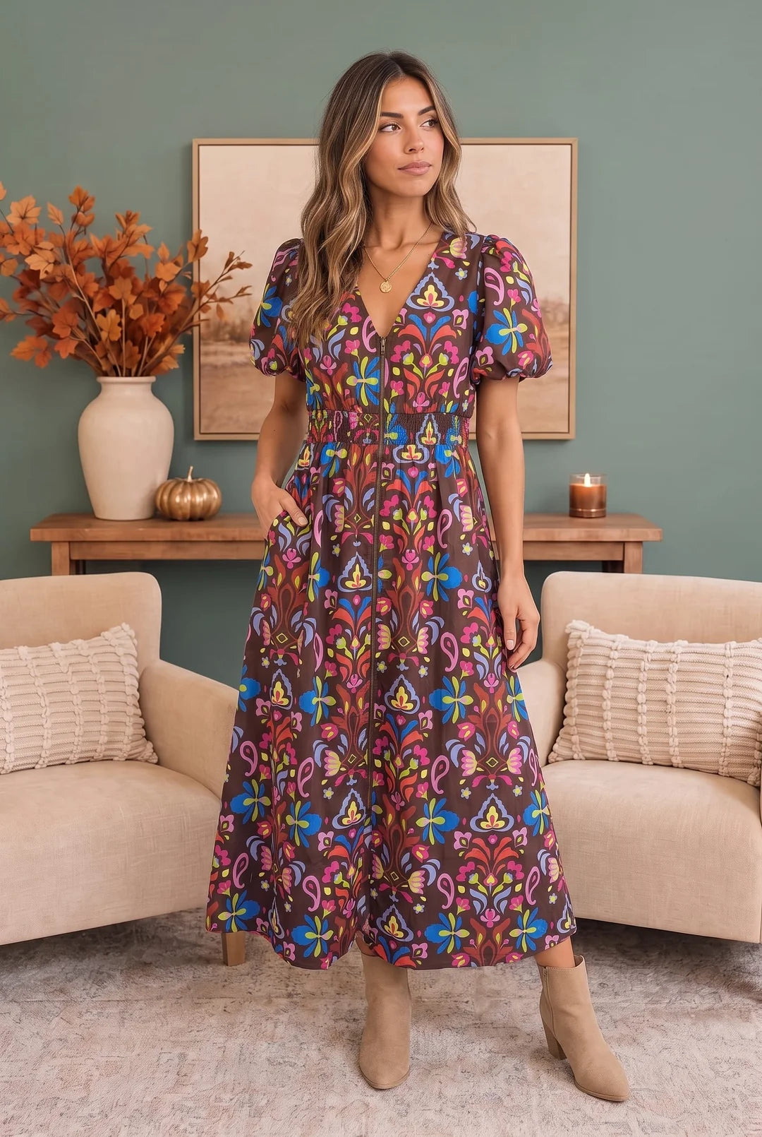 Boho Printed Midi Dress