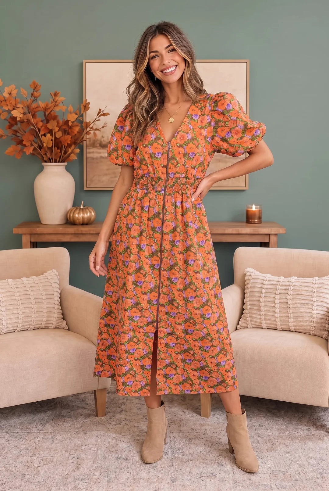 Boho Flower Printed Midi Dress