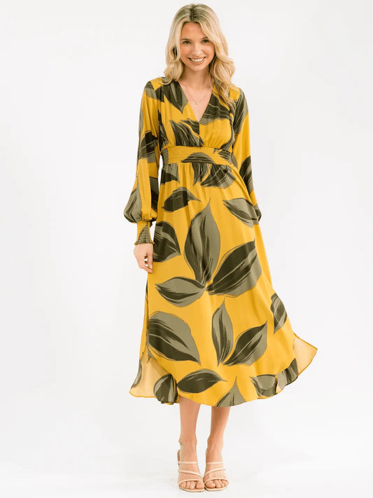 Leaf Printed Midi Dress