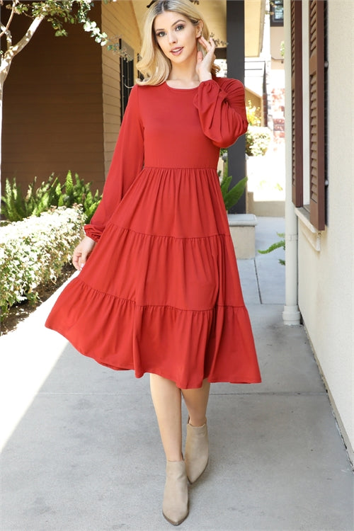 Rust Long Sleeve Tiered Dress