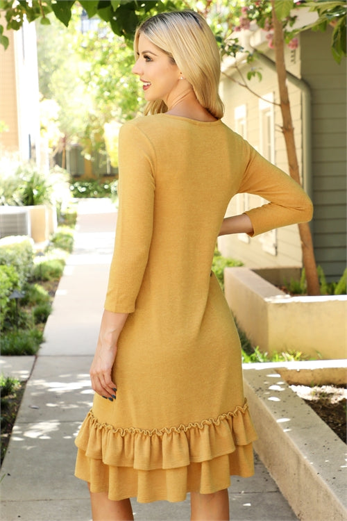 Mustard Ruffle Hem Knit Midi Dress