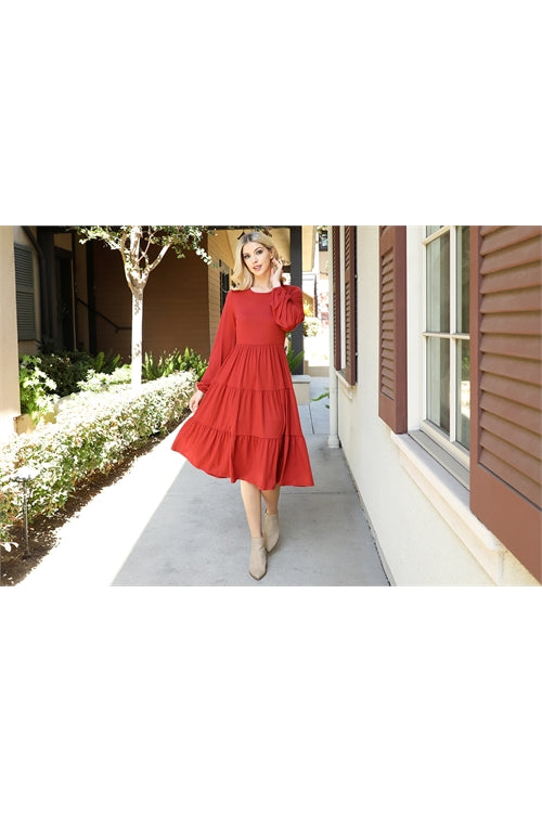 Rust Long Sleeve Tiered Dress