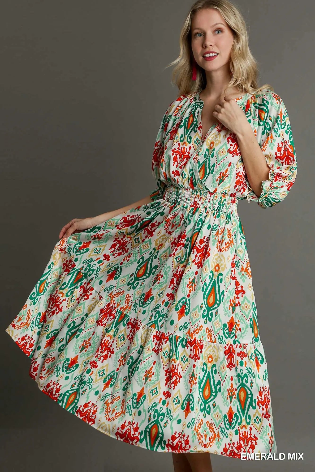 Printed 3/4 Sleeve Midi Dress