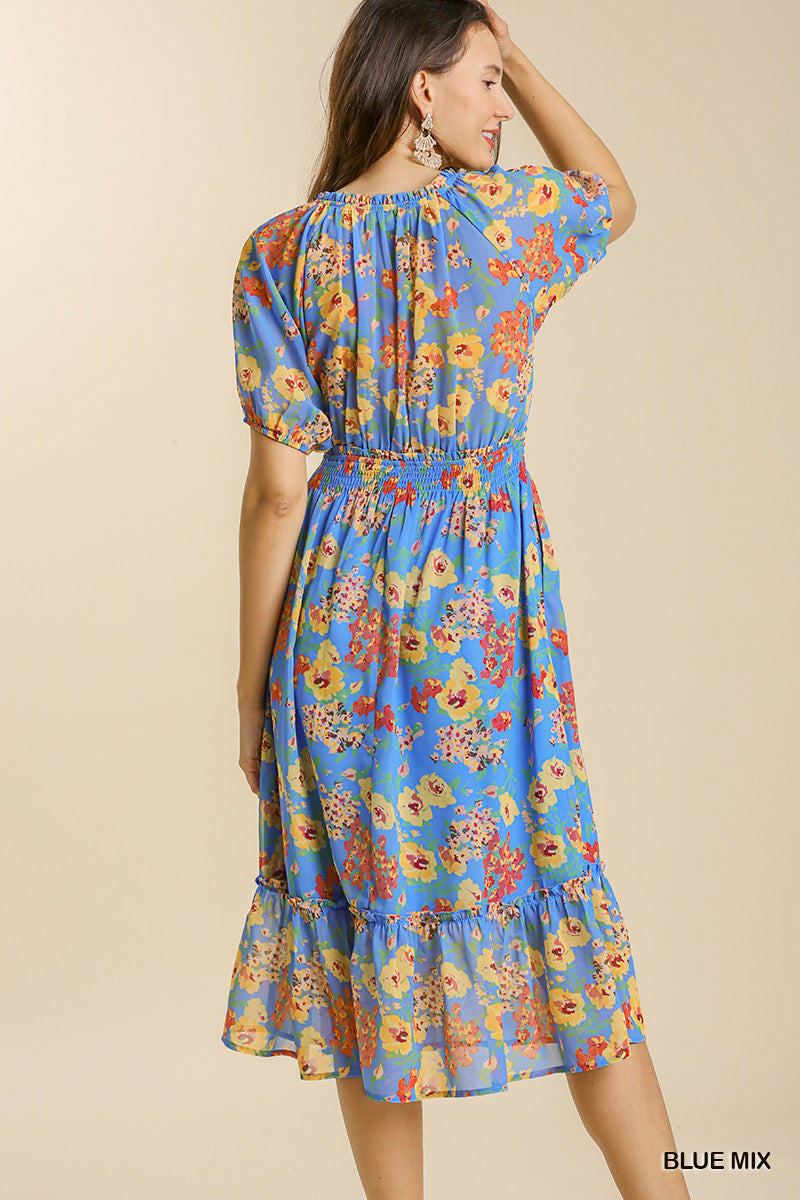 Puff Sleeve Floral Midi Dress