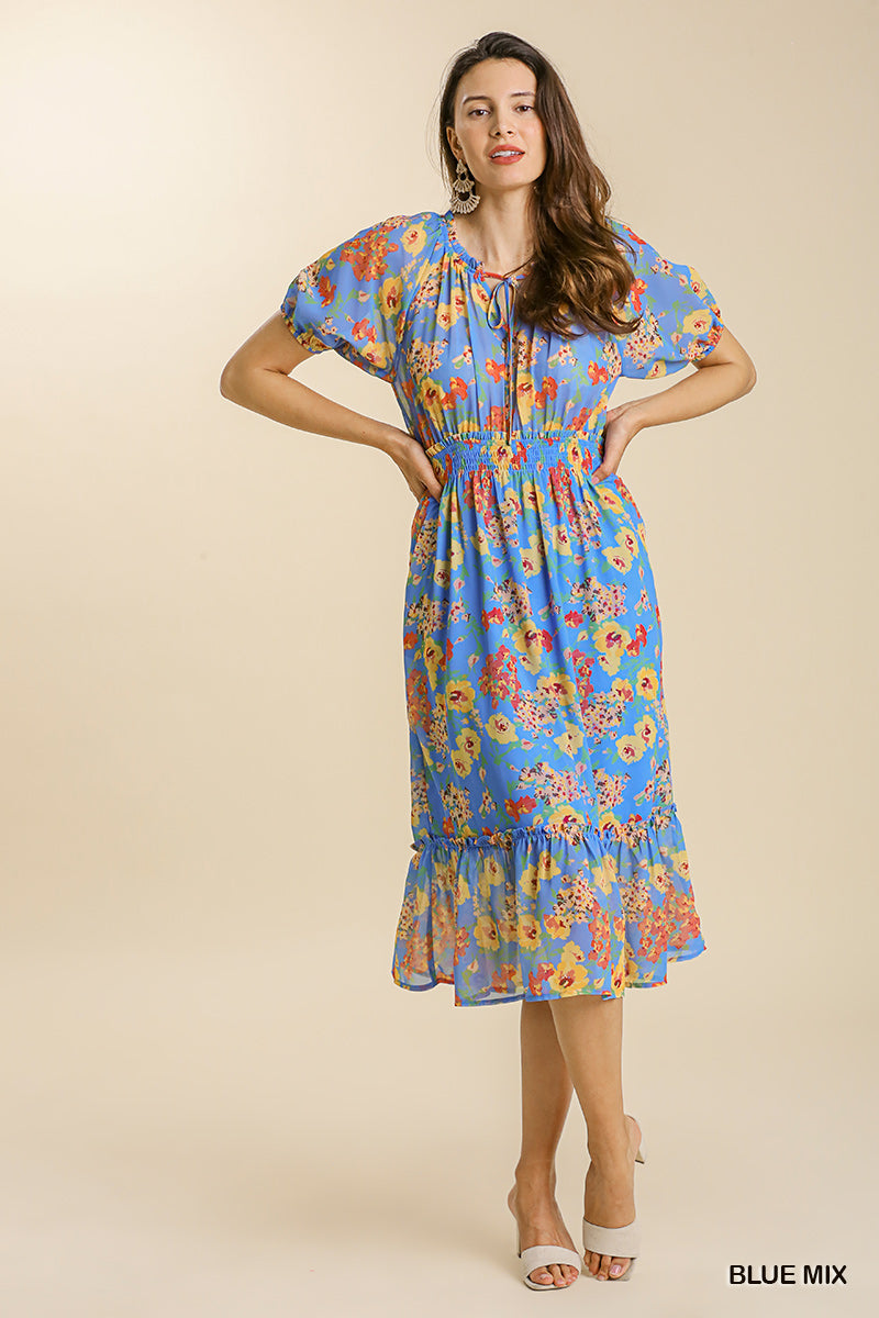 Puff Sleeve Floral Midi Dress