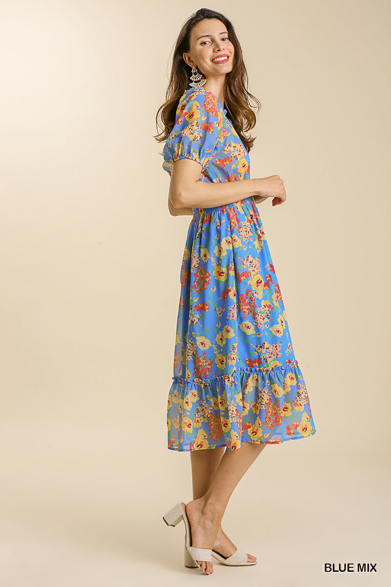 Puff Sleeve Floral Midi Dress