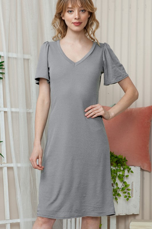 Solid Short Sleeve V Neck Dress