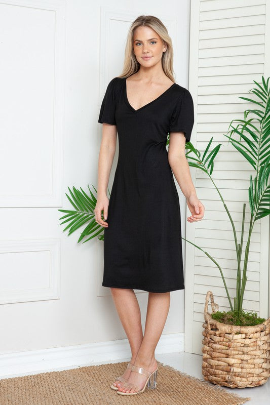 Solid Short Sleeve V Neck Dress