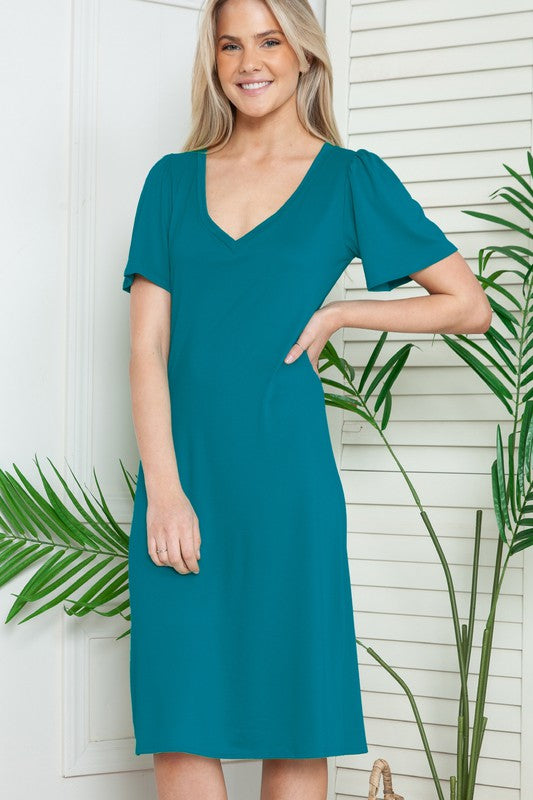 Solid Short Sleeve V Neck Dress