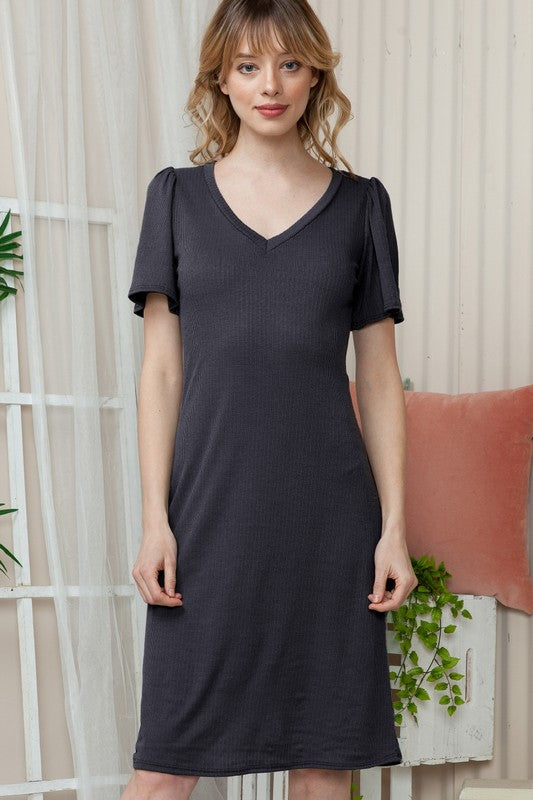 Solid Short Sleeve V Neck Dress