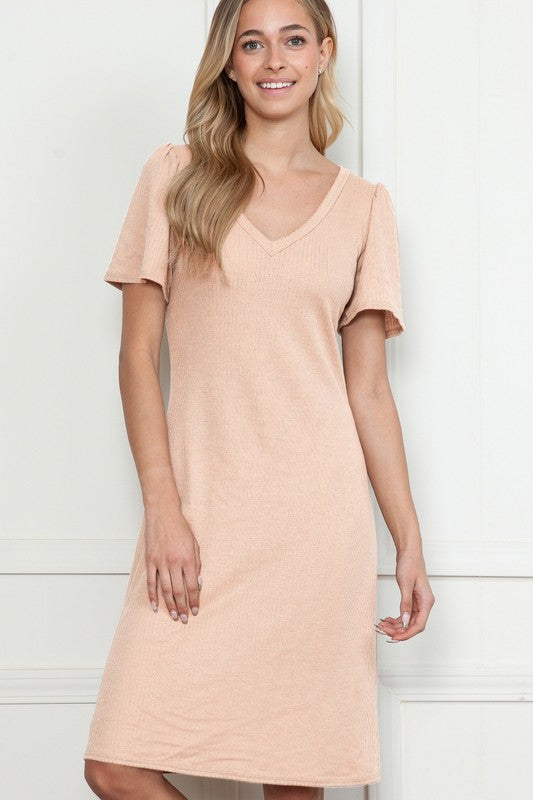 Solid Short Sleeve V Neck Dress