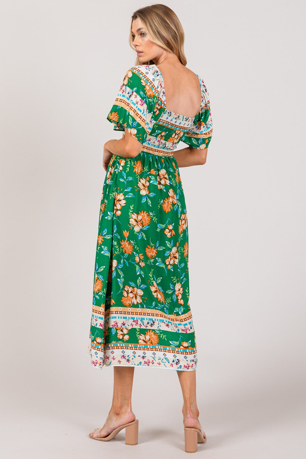 SAGE + FIG Printed Smocked Short Sleeve Midi Dress