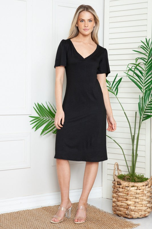 Solid Short Sleeve V Neck Dress