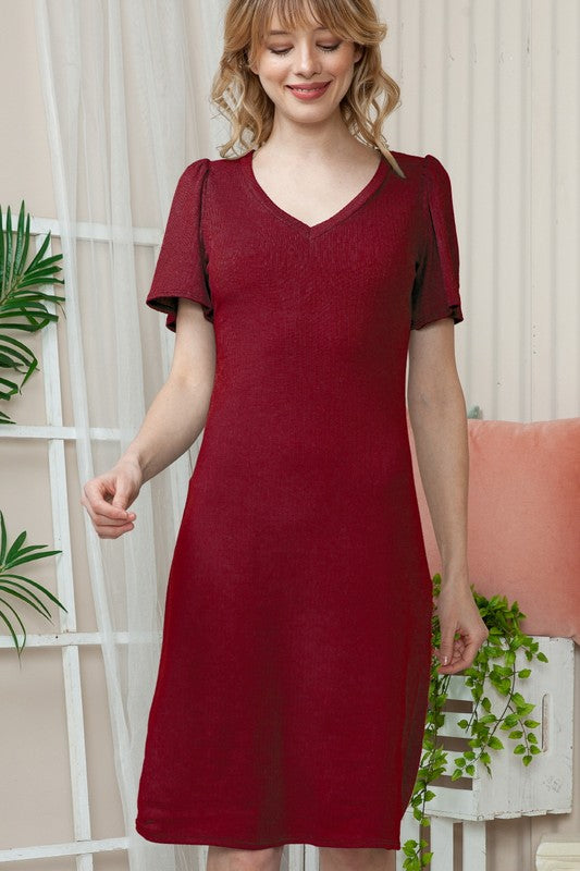 Solid Short Sleeve V Neck Dress